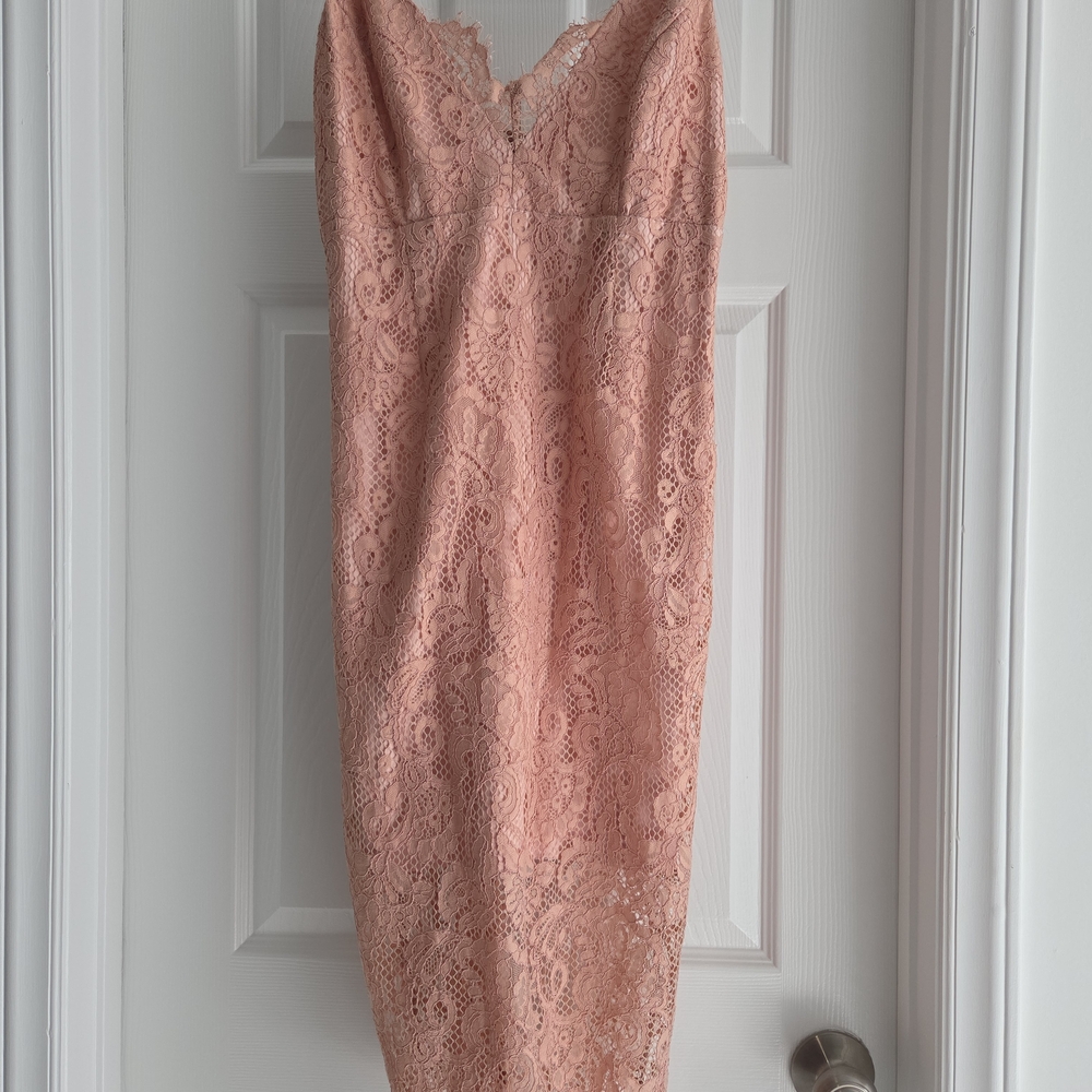 Bardot Strapless Lace Dress in Peach